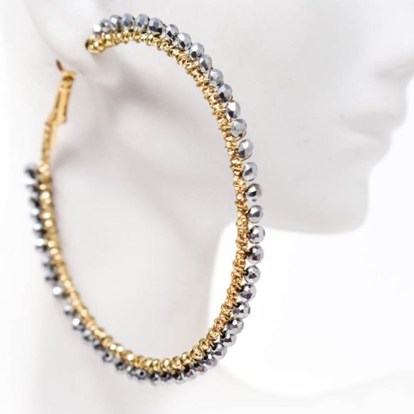 Thin Wired Hematite Gray Crystal Beads Earrings - Picture 4 of 12